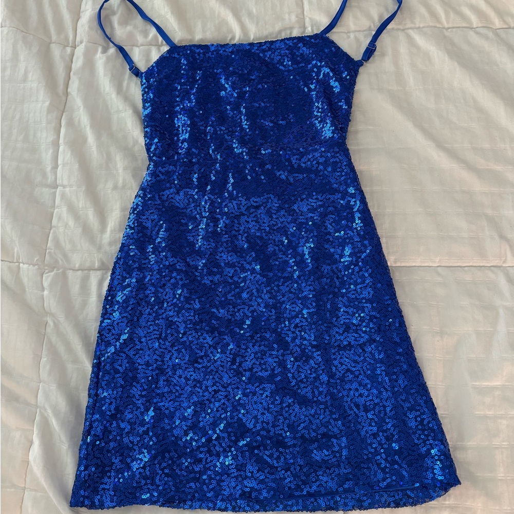 Open back blue homecoming dress